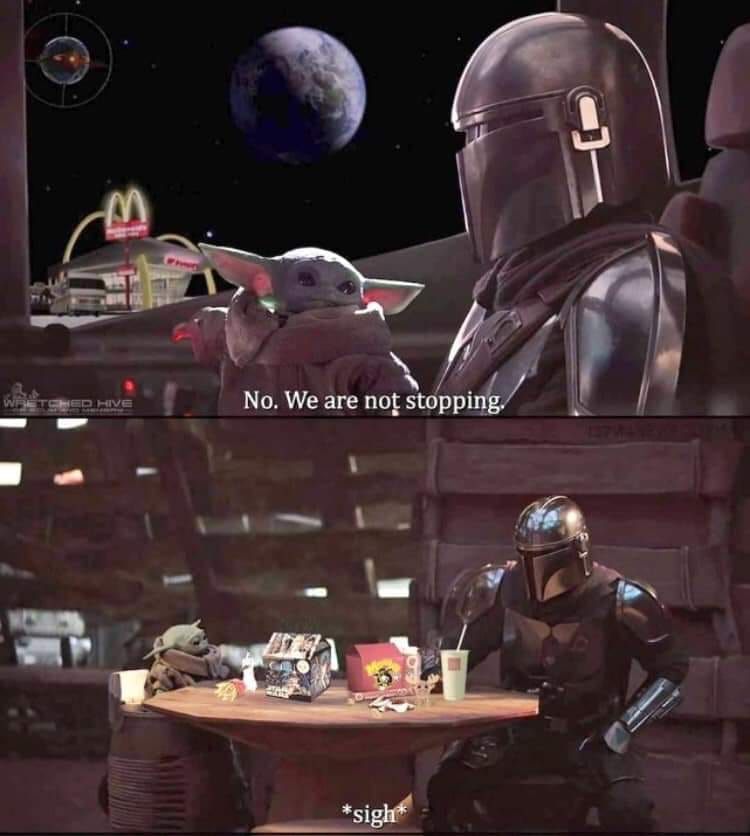 The meme is a screenshot from the Star Wars franchise, specifically from "The Mandalorian" series. It shows a character, "The Mandalorian", and a child (Grogu) from the series, in a scene where they are at a restaurant, and a sign on the wall reads "This is the way". The text "I have spoken" is written on the sign, but it's not visible to the child.